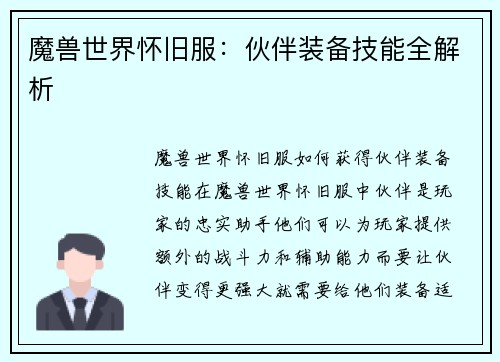 魔兽世界怀旧服：伙伴装备技能全解析